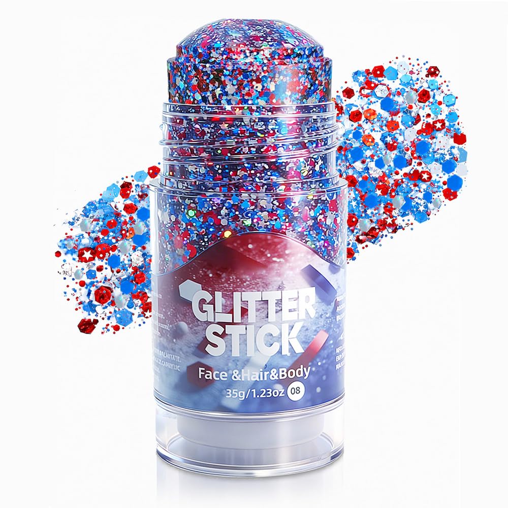Go Ho 4th of July Glitter Stick,Patriotic Red White and Blue Face Hair Glitter,Fourth of July Accessories & Outfits Women,Sparkling USA Flag Body Glitter for Independence Day 250 Anniversary,1.23oz