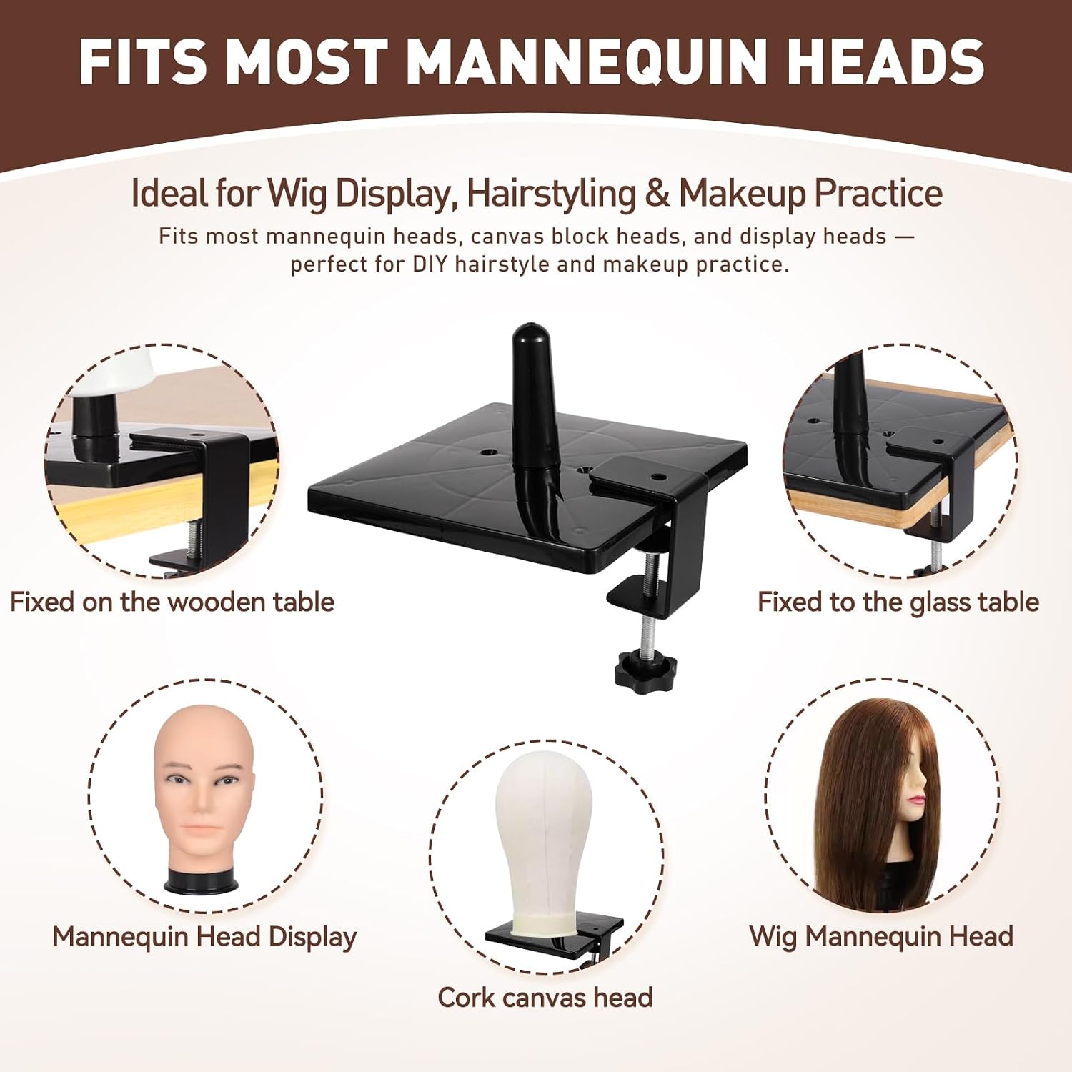 2 Pack Square Mannequin Wig Head Stands with Metal Desktop Clamp, Stable Non-Topple Tabletop Holder for Foam Mannequin Wig Heads, Wig Styling, Cosmetology Practice, Hats, Hairpieces, Masks, Salon & Travel