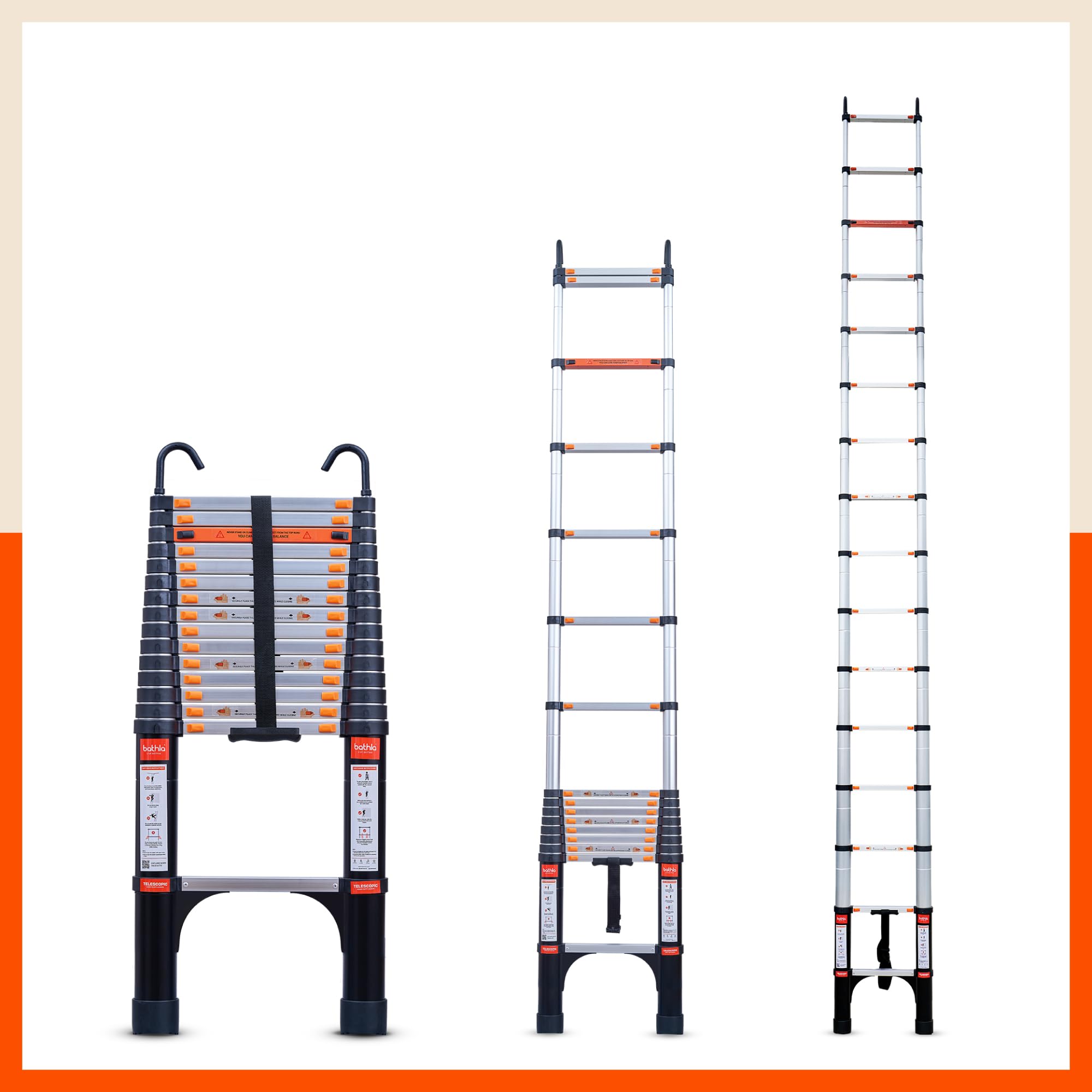 Bathla 23.6 ft Aluminium Telescopic Ladder with Safety Hooks & Triangle Stabilizers | EN131 Certified | 2-Year Manufacturer Warranty | Portable & Compact |150kg Load Capacity | Made in India (7.2 mtr)
