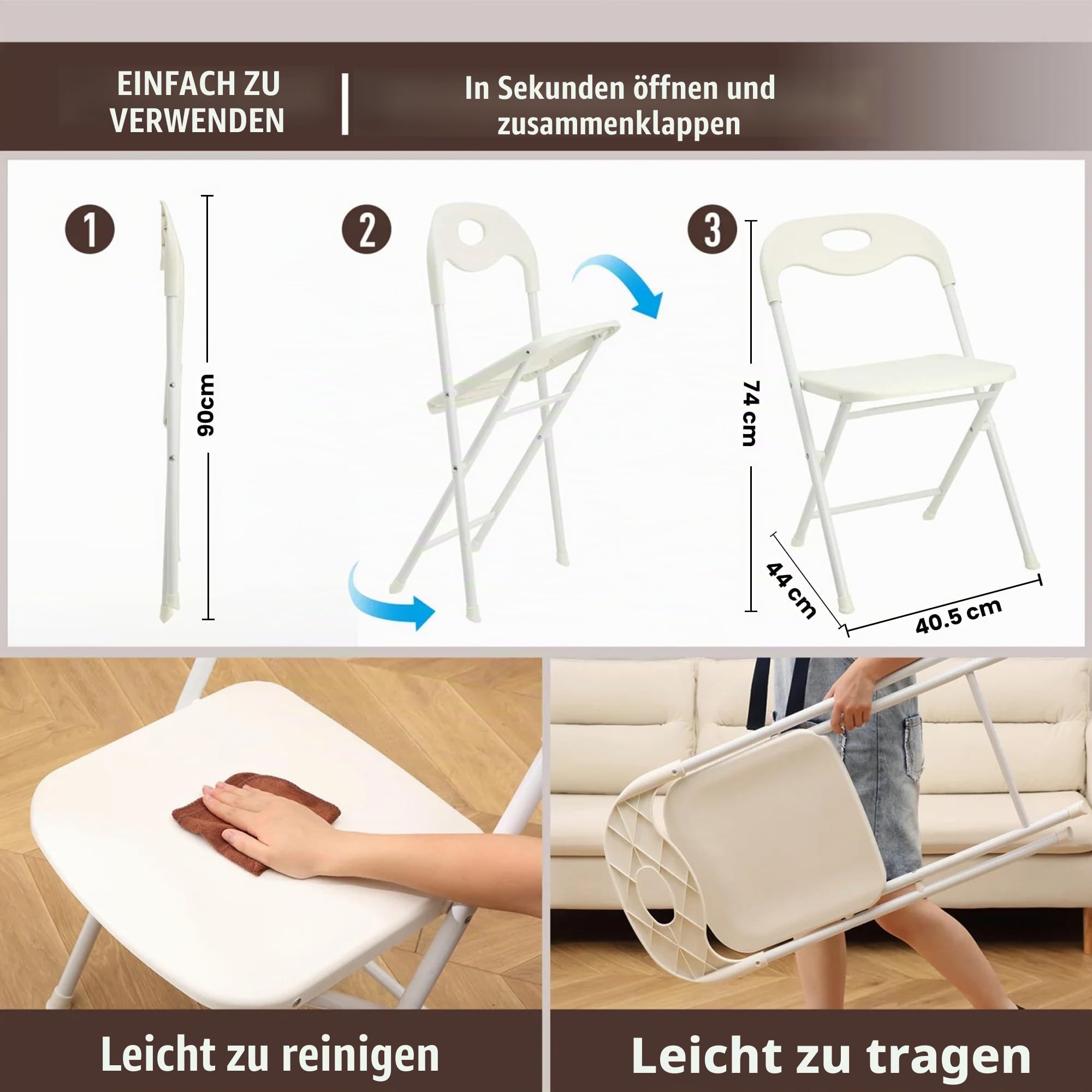 Huacan Klappstühle Set 4 Stück Weiß Klappbare Stühle Belastbar Bis 150 kg Klappstuhl Geeignet für Männer Damen Büro Haus | Tragbarer stapelbarer kommerzieller faltbarer Stuhl mit Stahlrahmen für bequemen Veranstaltungsstuhl, leichter Klappstuhl