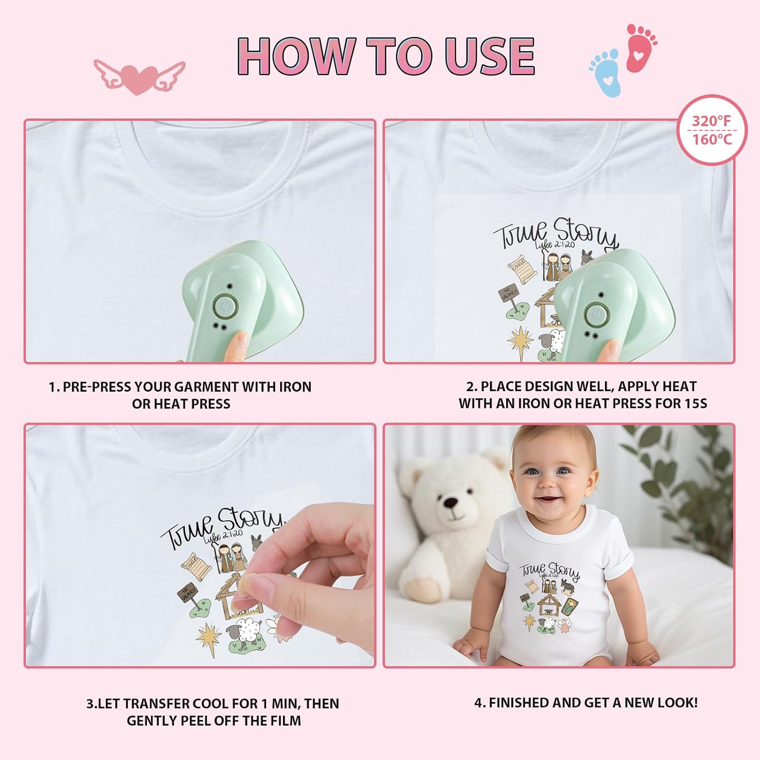 Dtf Transfers Ready to Press - 30Pcs Christian Baby Iron on Transfers, Baby Shower Iron on Decals Patches Stickers for Baby Bodysuit, Heat Transfer Vinyl for Baby Onesie Bibs Decorating Kit
