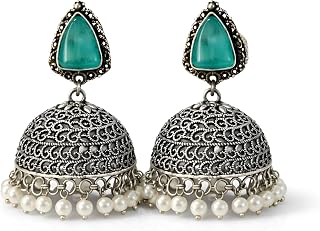 Jewels Of Love Dome Jhumka Earrings for Women | Antique Gold & Green Stone Traditional Design | Ethnic Pearl Fringe Festiv... Price In India