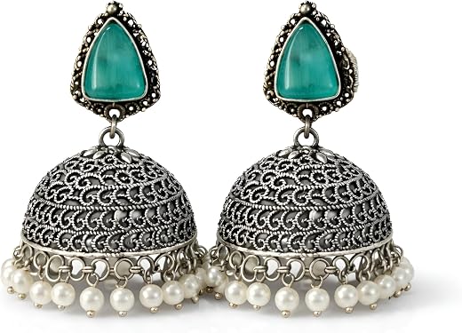 Jewels Of Love Dome Jhumka Earrings for Women | Antique Gold & Green Stone Traditional Design | Ethnic Pearl Fringe Festiv...