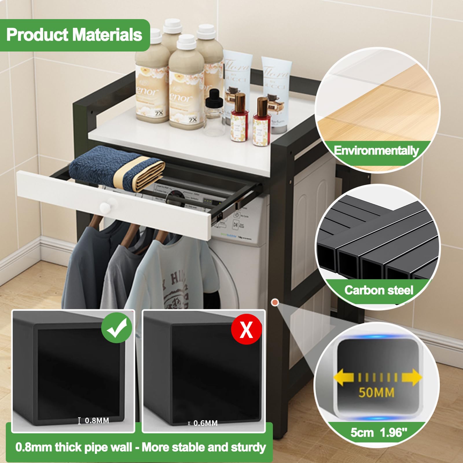 Mueble Lavadora Secadora Mueble para Lavadora Altura Con tendedero oculto Altura ajustable Mueble Lavadora Secadora Vertical Capacidad de 200kg Estantería Lavadora sin Montaje en Pared white 1-Tiers