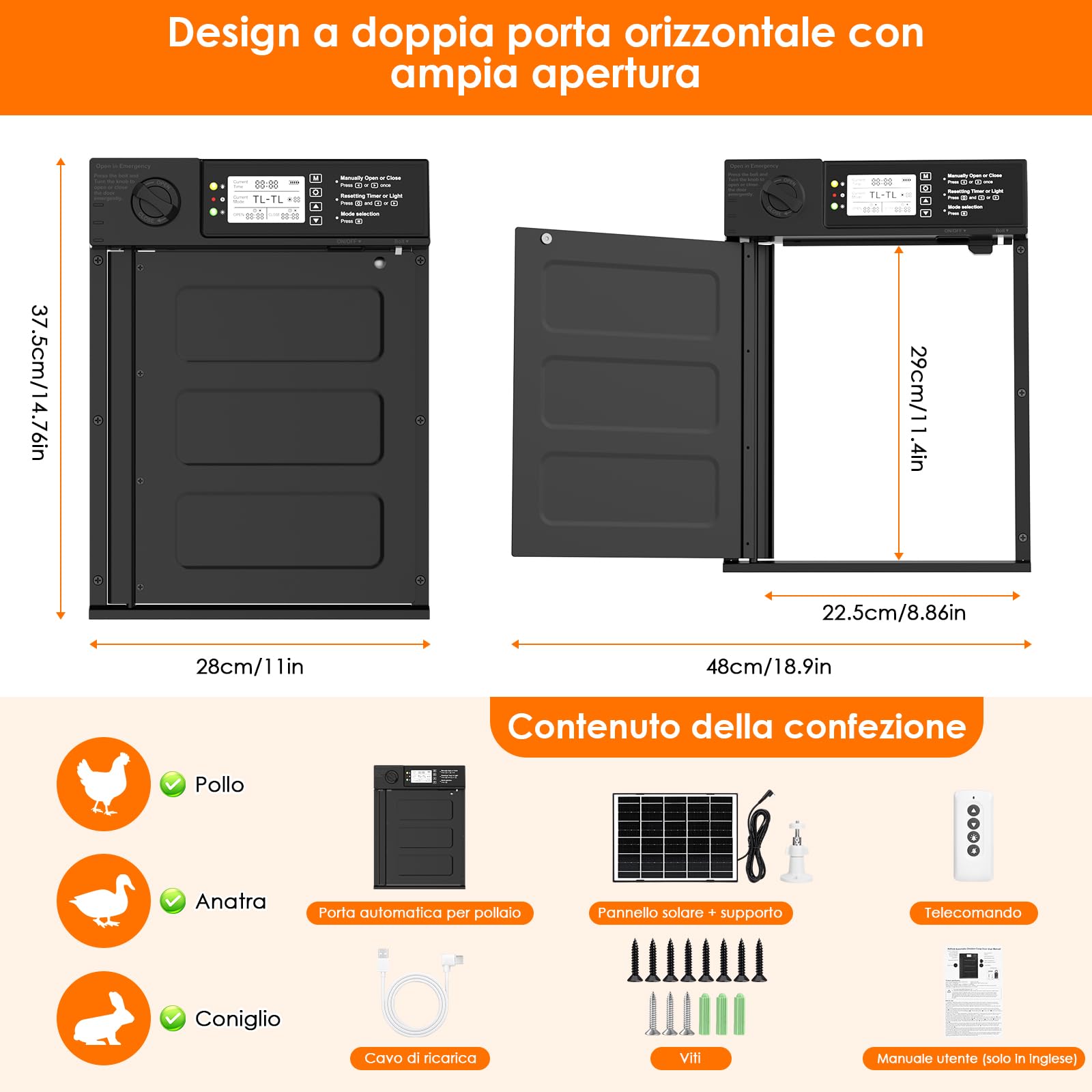 Porta Automatica Pollaio Solare, Aluminum Grande Porta Pollaio con Telecomando, Sensore di luce e Timer, Anti-Schiacciamento
