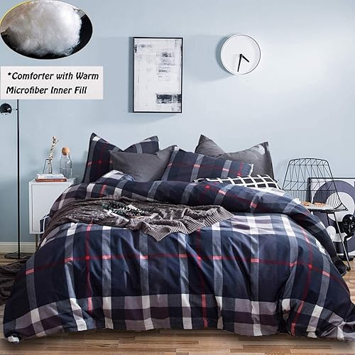 Miniatura 2 de Jumeey - Juego de edredón para niños, juego de cama de tela a cuadros azul marino tamaño twin para hombres, edredones de cama a cuadros de búfalo,