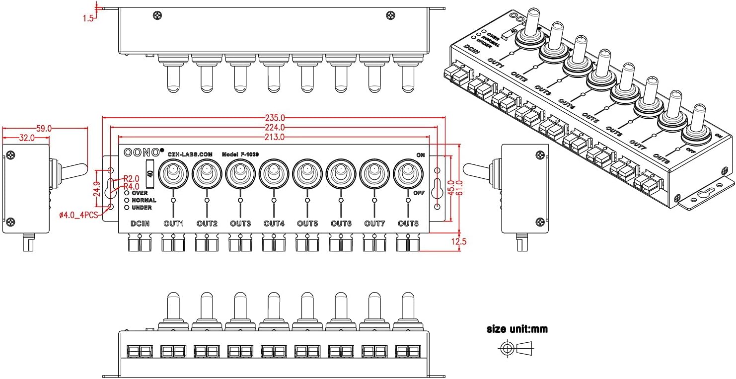 OONO 8 Channel Connector Power Splitter Distributor Source Strip, with 8 Independent Control Switch, Black