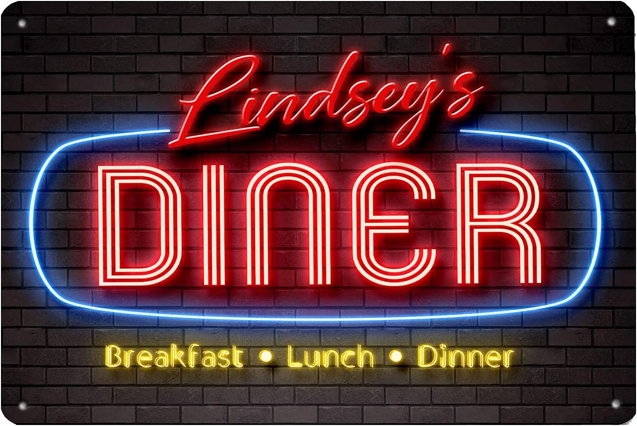 Personalised Diner Sign, american neon style, kitchen A4 metal Sign