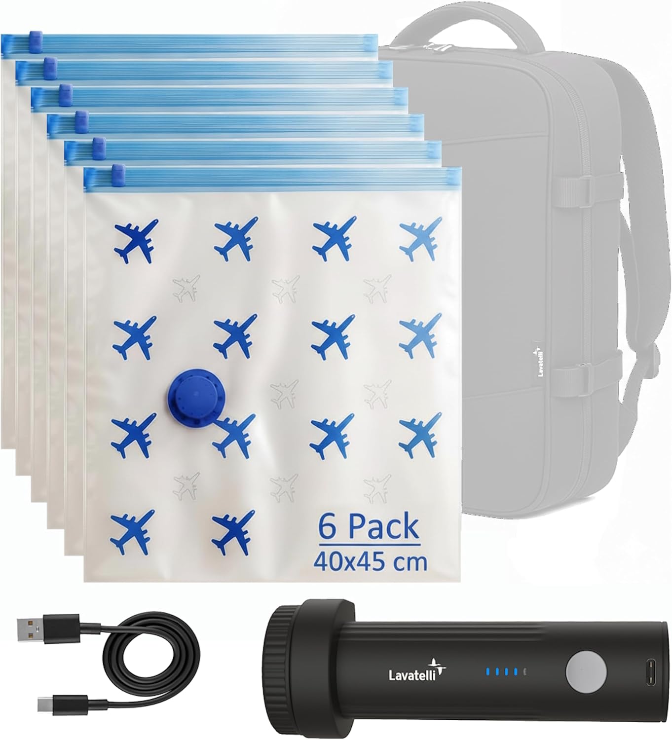Lavatelli Travel Vacuum Set, Pump + 6 Bags 40x45 for Cabin Backpack