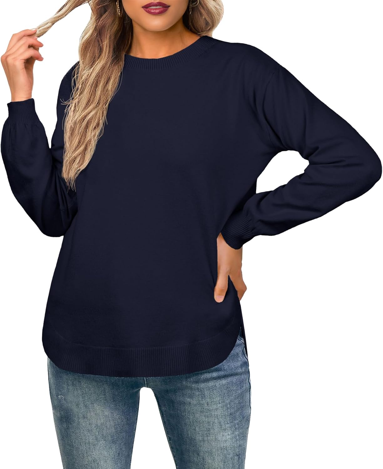 GRECERELLE Womens Long Sleeve Lightweight Crewneck Sweater Tops Casual Soft Knit Pullover Jumper