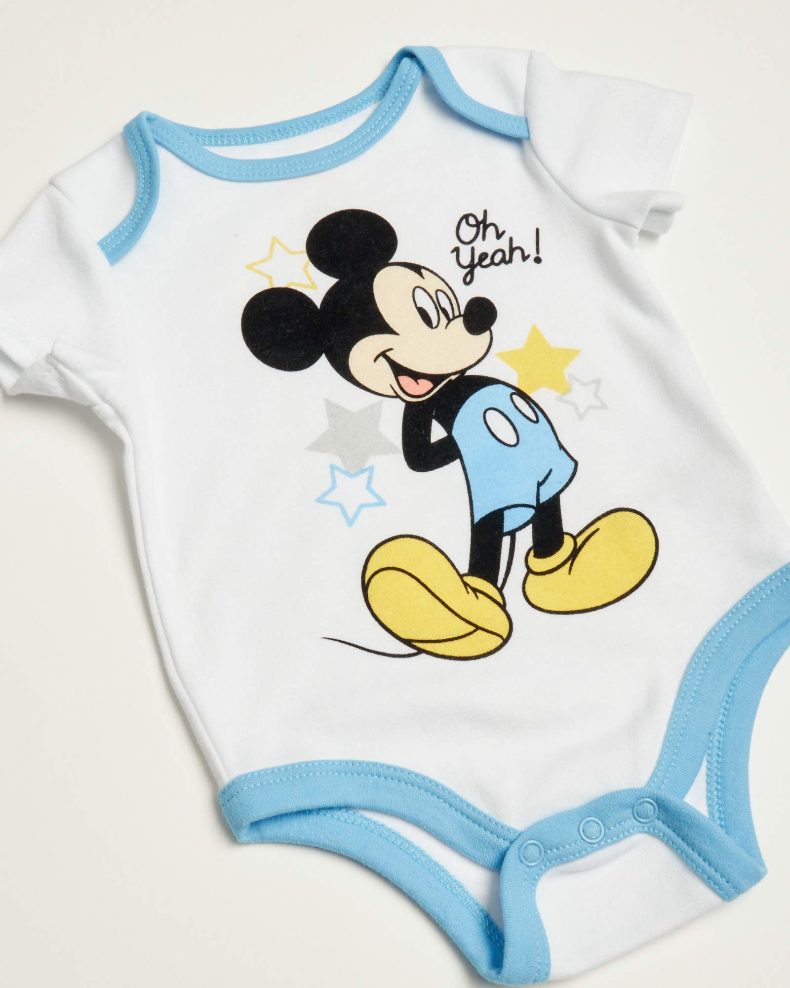 Disney Baby Boy's Mickey Mouse Bodysuit Set - 4 Piece Onesie Romper, Sweatpants, Cap, and Booties Set, Mickey Mouse Light Blue, Size 3-6 Months