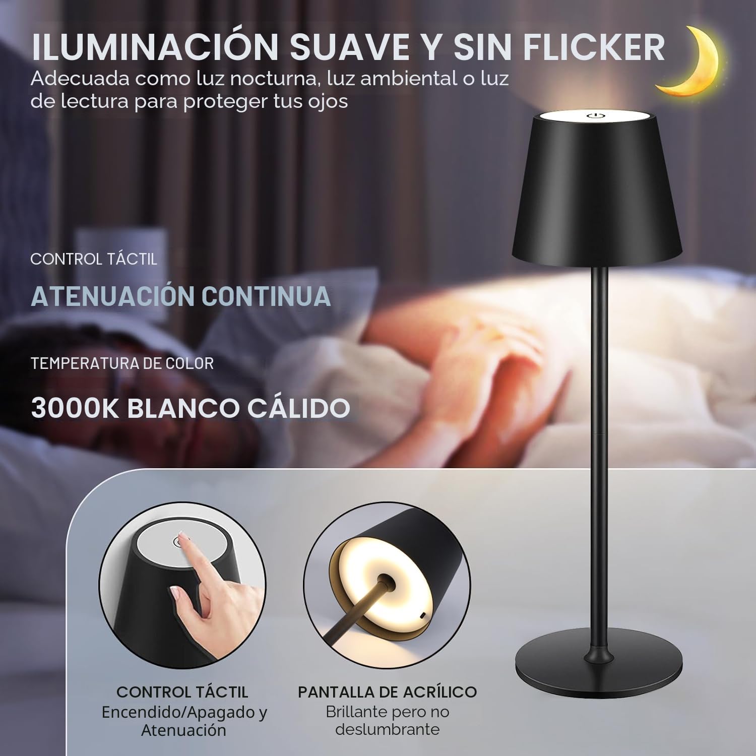 Lámpara de Mesa de Batería LED Regulable, Toque Lámpara de Escritorio Inalámbrica con USB-C, Lámpara de Mesa de Batería Recargable LED Metálico para Exteriores e Interiores, IP44, 5600mah, 5W, Negro
