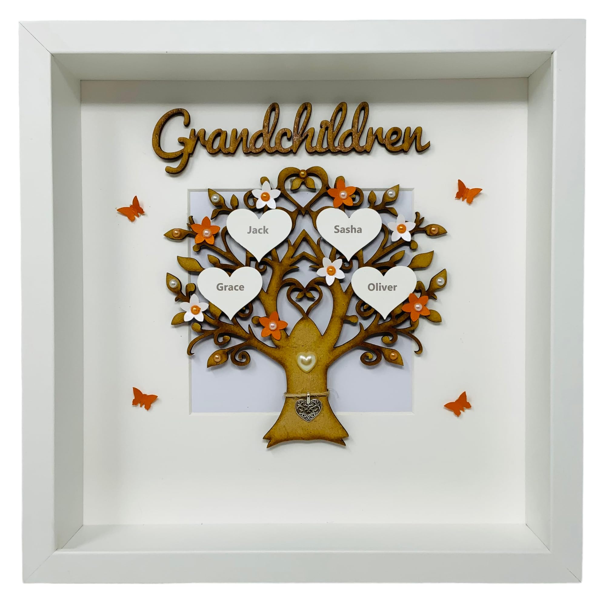 Personalised Grandchildren Family Tree 3D Box Picture Frame - 12 Colours To Choose - Up To 14 Names - Classic (Orange)