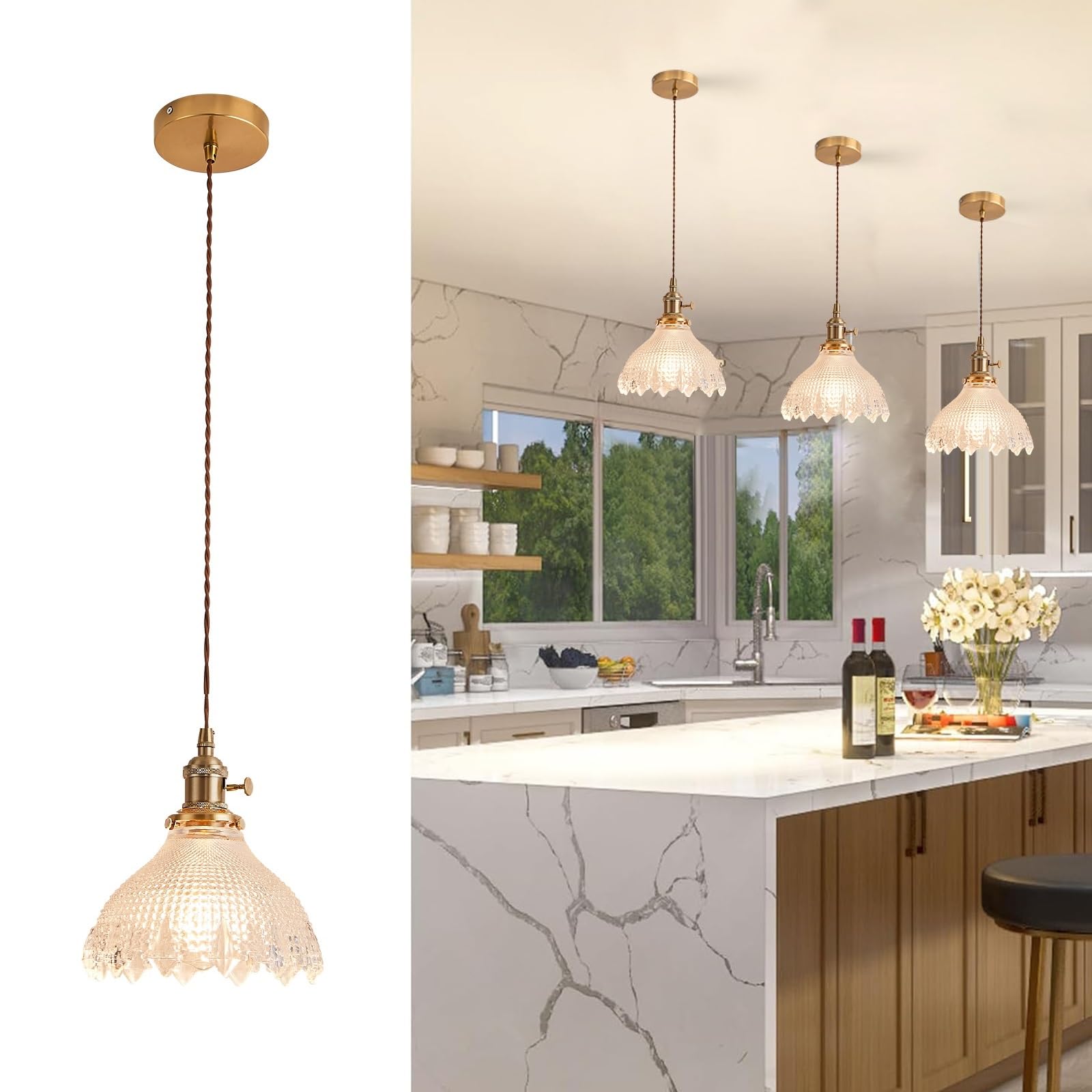 Ceiling Lamp, Adjustable Hanging Pendant Light Fixture E27 Base 1-Light Ceiling Light, Glass Pendant Lamp Shade, Modern Chandelier Lighting for Dining Room, Kitchen, Hallway (Clear 4118)