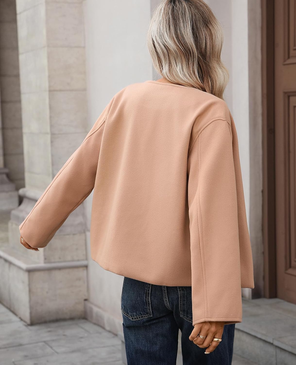 Womens cropped pea coat Long Sleeve Button Down wool coats short jackets Outerwear - Image 5