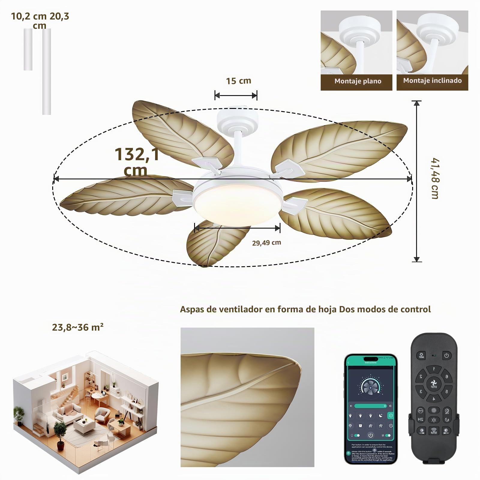 Kviflon 132 cm Moderno Ventilador de Techo con Luz, Diseño de Hoja de Palmera en Tono de Madera Clara, Control por Mando a Distancia o Aplicación, Reversibles, Zonas Exteriores Cubiertas.