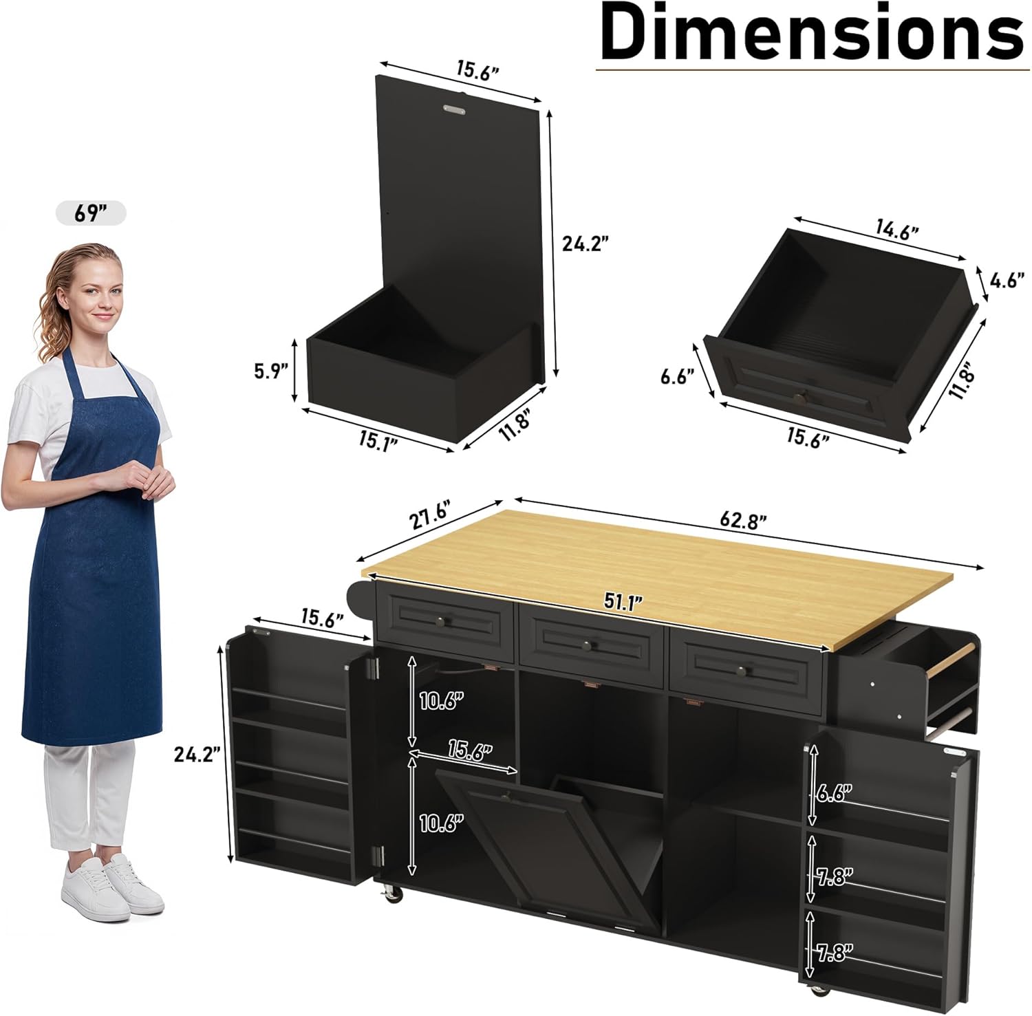 St.Mandyu 62 inch Rolling Kitchen Island with Power Outlet, Drop Leaf & Storage Cabinet - Mobile Cart with Hidden Trash Cabinet, Spice Rack, Shelves, and Towel Holder for Small Spaces,Black
