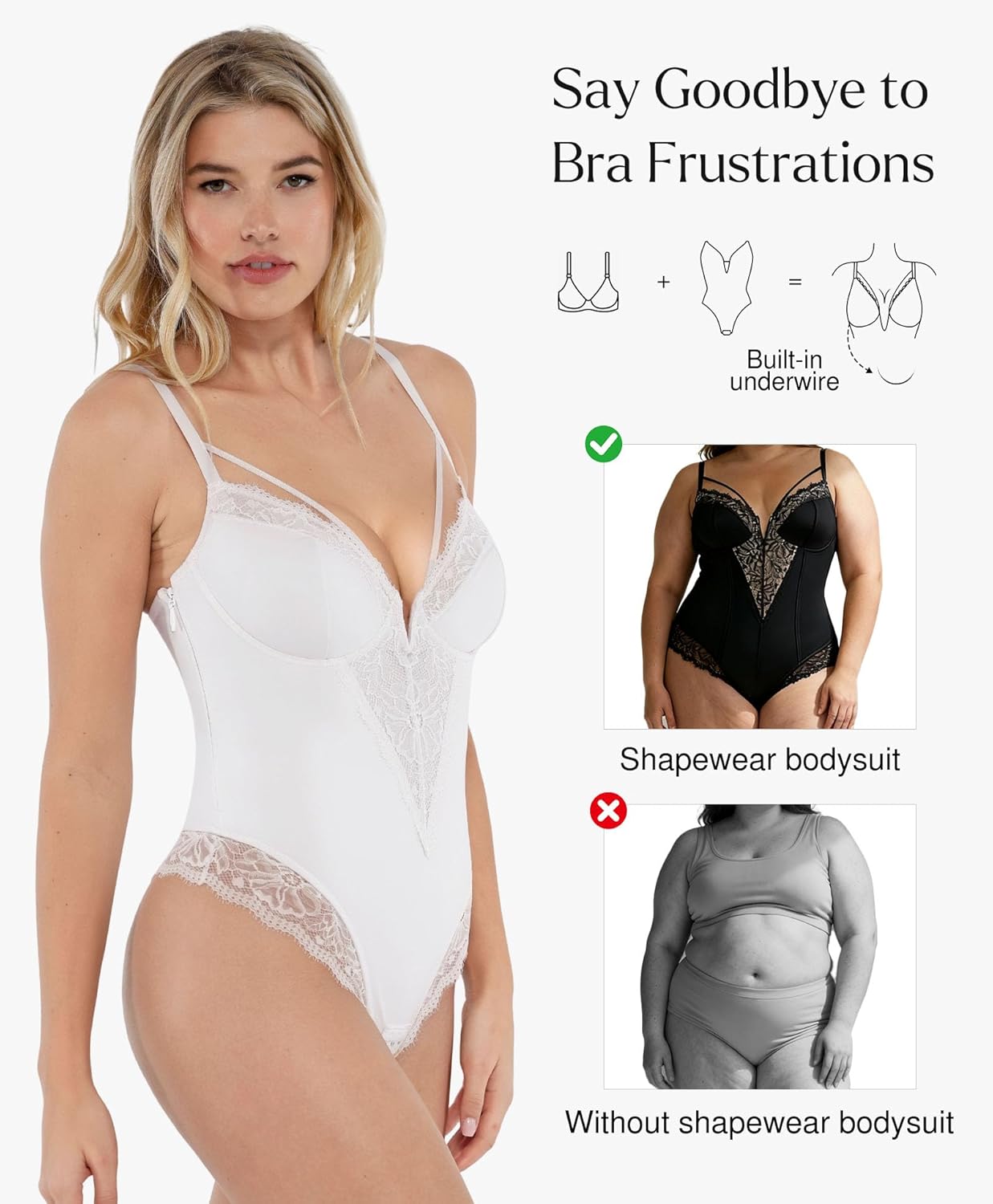 Popilush Lace Bodysuits for Women Corset Shapewear Tummy Control Body Suits V Neck Thong Underwired Outfits Side Zipper - Image 3