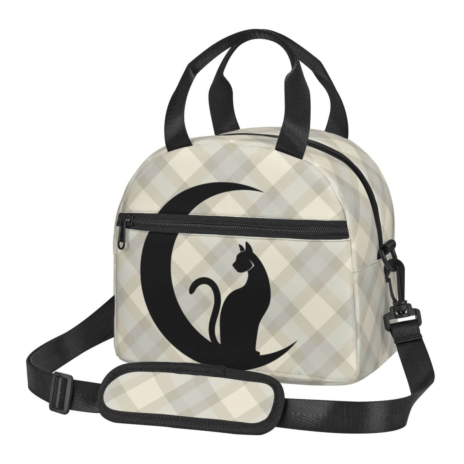 Black Cat Plaid Pattern Background Lunch Bag Reusable Insulated Lunch Tote Bag Lunchbox Container With Adjustable Shoulder Strap