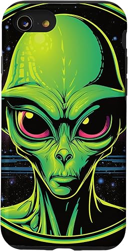 Vista 31 de iPhone 15 Pro Max Cute Green Alien Head UFO Space Face Alien Case