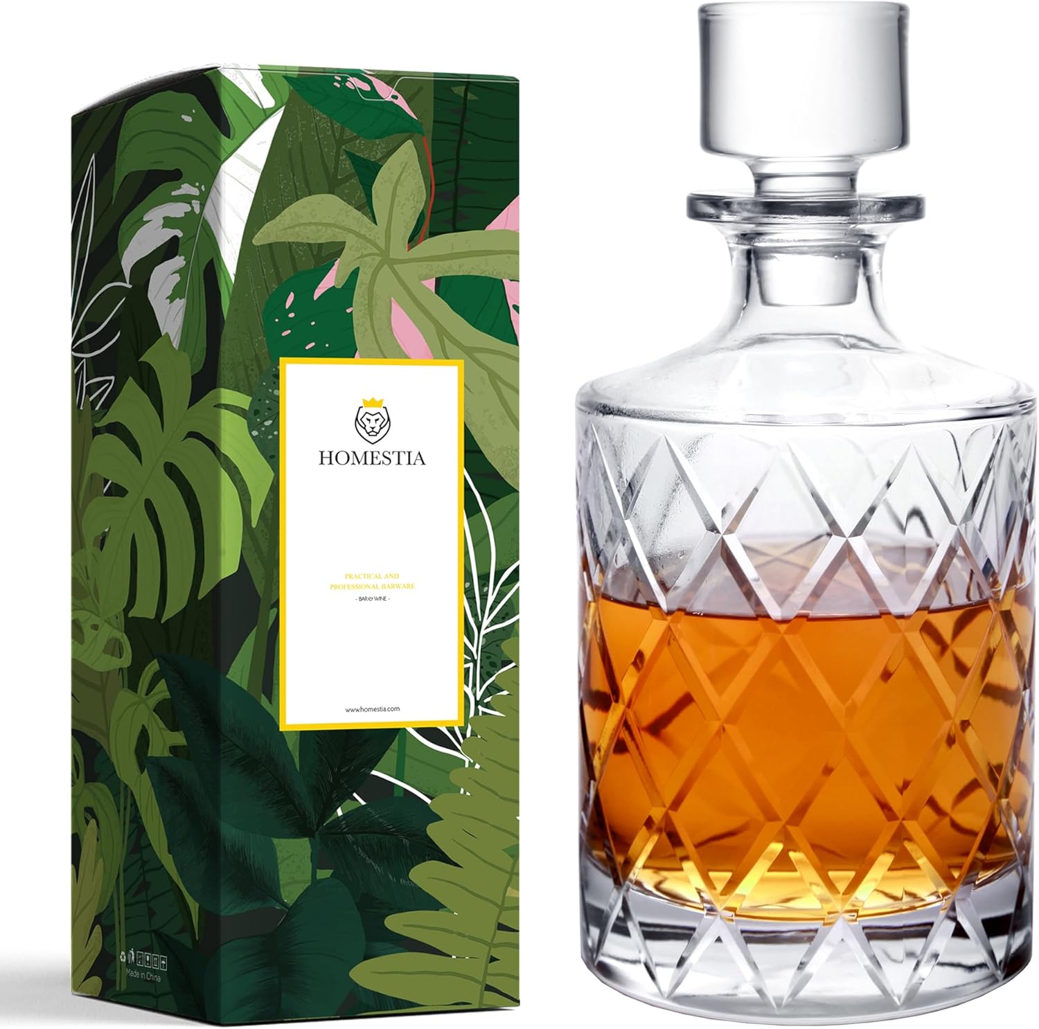 Homestia Hand Cut Lead-Free Crystal Decanter with Stopper, 30 oz 900ml Whiskey Decanter, Liquor Decanters for Vodka, Bourbon, Scotch and Rum, Gift for Men Dad Father's Day