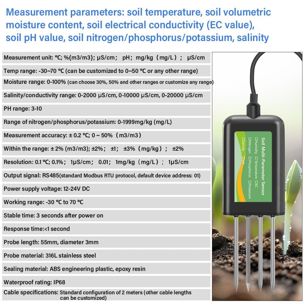 Sensore del suolo 8-in-1 RS485 con il metro di salinità NPK di temperatura di umidità di pH