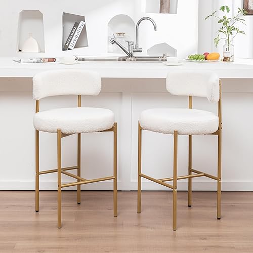 Vista 15 de Gold Boucle - Juego de 3 taburetes de bar modernos de 26 pulgadas con respaldo, taburetes de bar tapizados blancos para isla de cocina, pub, café