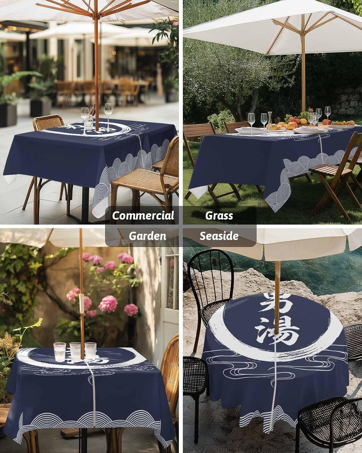 Rectangle Outdoor Tablecloth with Umbrella Hole 60x120 Inch, Decorative Table Cloth Waterproof Tablecloths Patio Table Cover, Garden/Yard Table Covers with Zipper - Japanese Hot Spring "Male Soup"