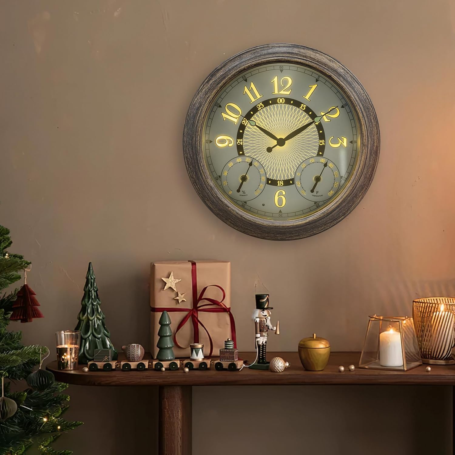 Illuminated Large Metal Outdoor Clocks Waterproof 18 Inches With AI Auto Light Smart Sensor,Extra Big Indoor Outdoor Wall Clocks With Thermometer & Hygrometer for Patio, Pool, Garden,Porch Grey Oak 18 inch