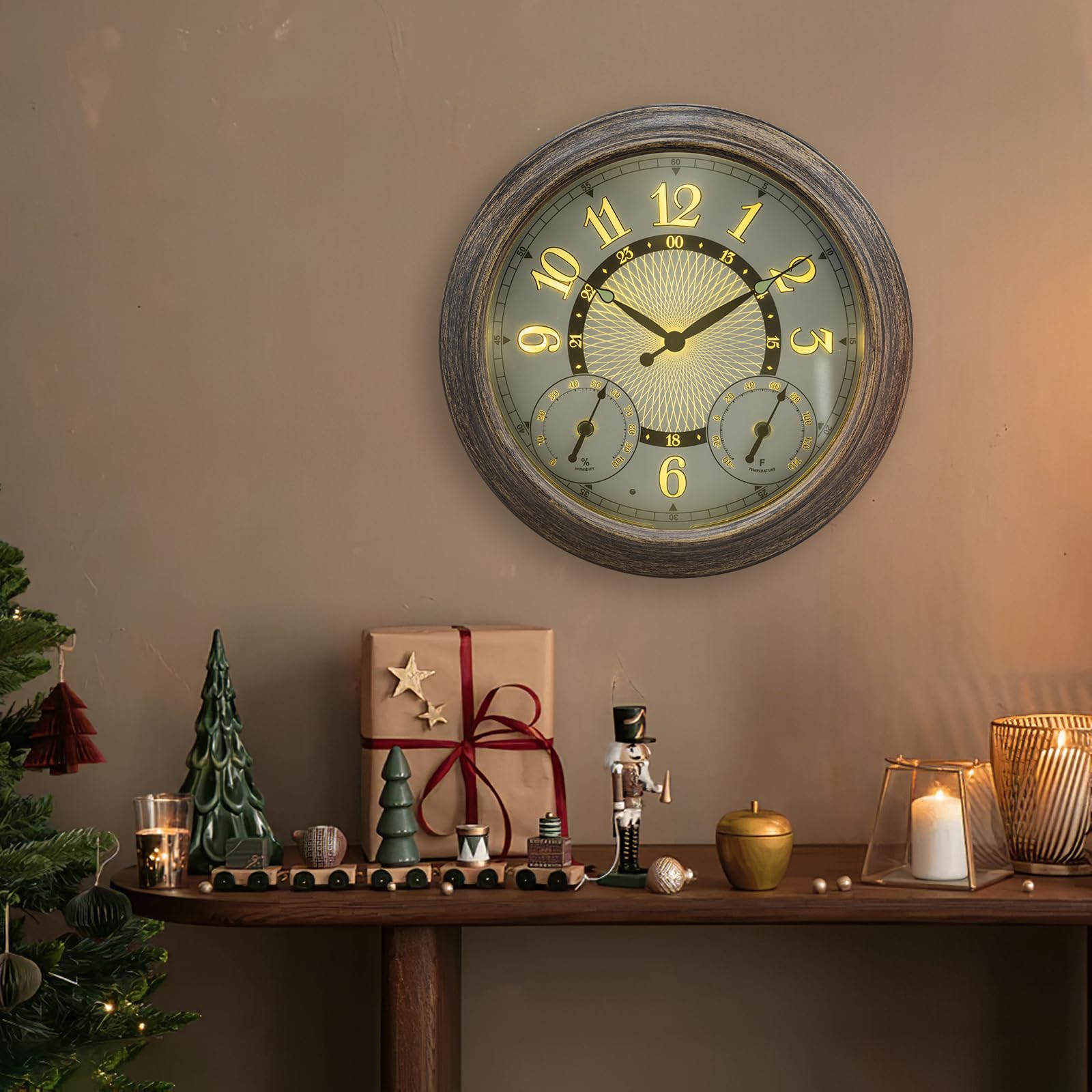 Condition photo showing New/Like New for pytha sight illuminated large metal outdoor clocks waterproof 18 inches with ai auto light smart sensor,extra big indoor outdoor wall clocks with thermometer & hygrometer for patio, pool, garden,porch