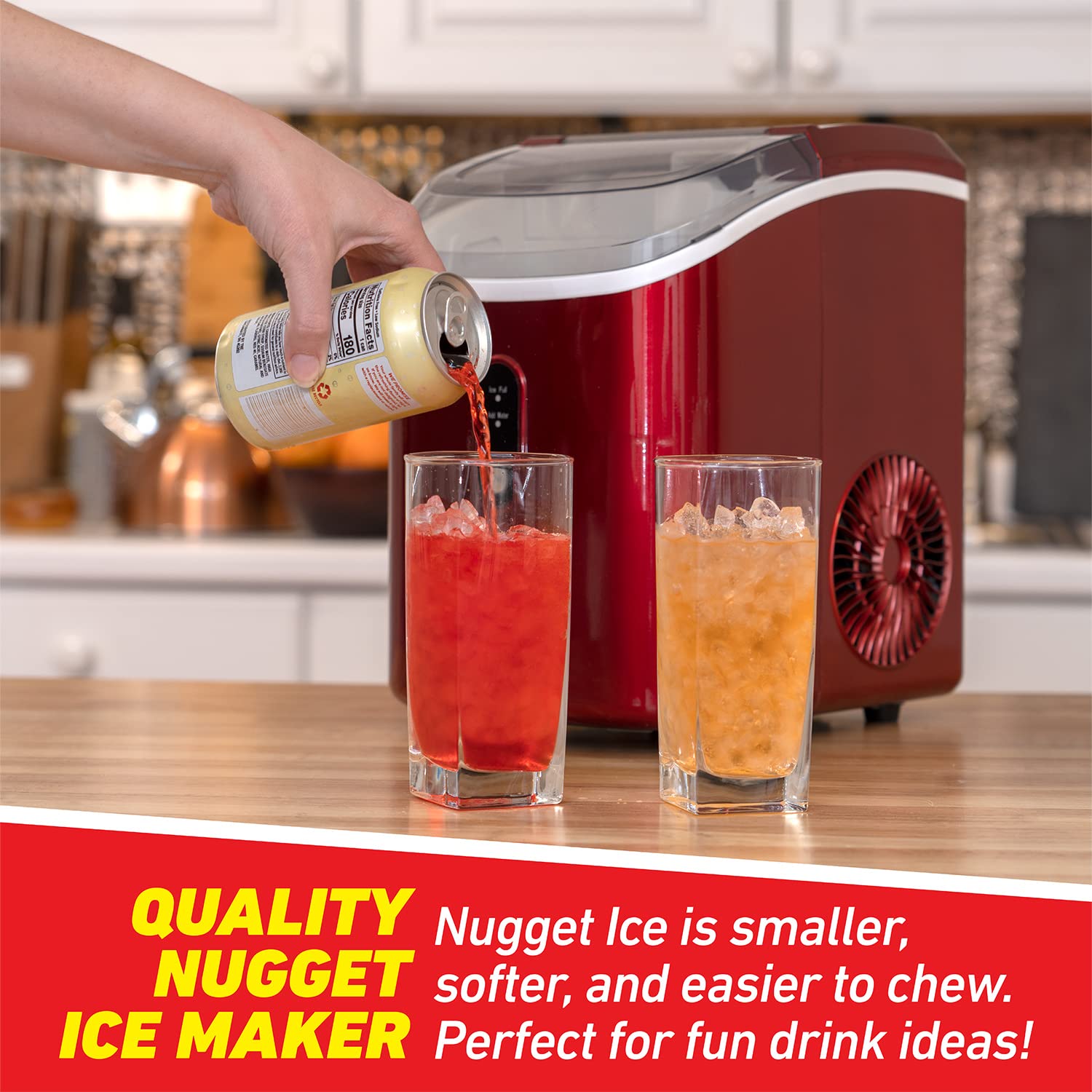 A hand pouring a beverage into a glass filled with nugget ice, next to another glass of beverage with ice.