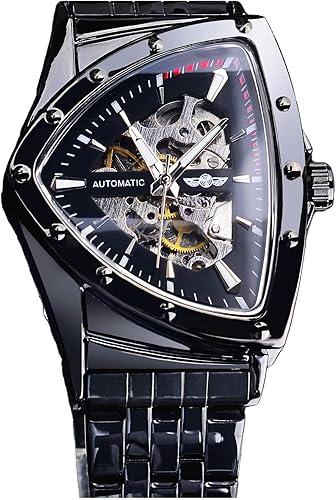 FORSINING Triangle Skeleton Reloj mecánico automático para hombre, de lujo, dorado, negro, acero inoxidable, impermeable, luminoso, reloj de pulsera