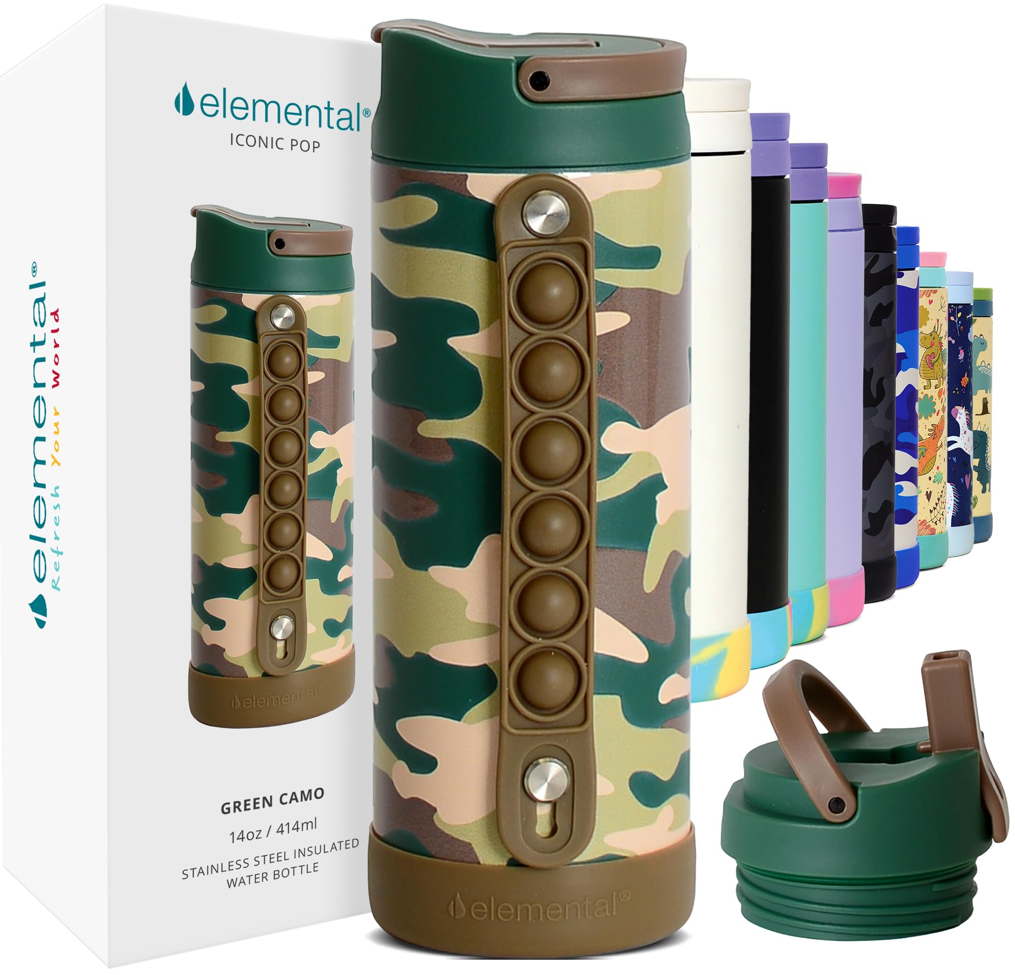 Elemental Iconic Kids Water Bottle for School - 100% Leak-Proof Insulated Water Bottles with Straw Lid & Pop-It Handle for Boys & Girls - Triple-Wall