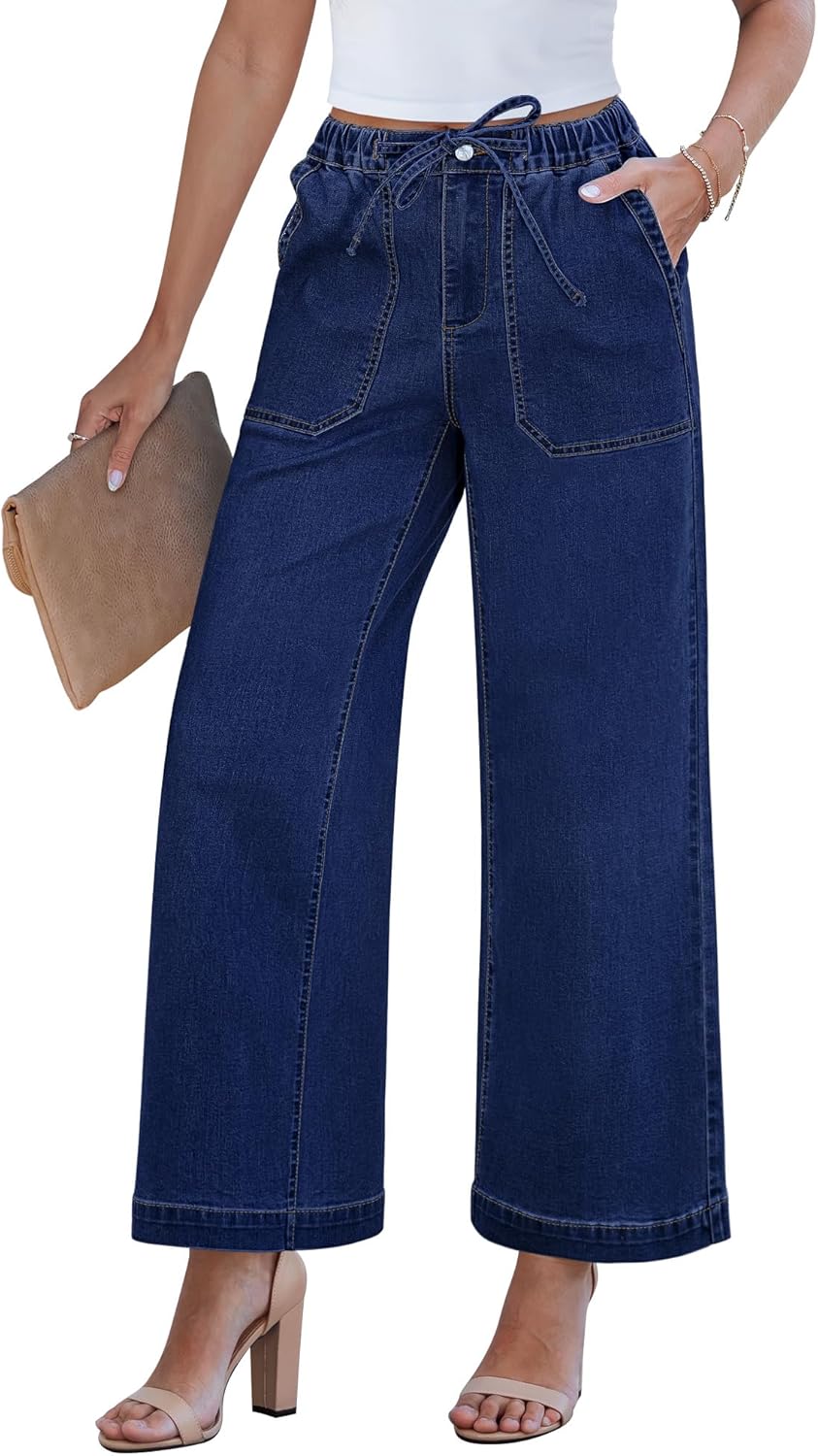 GRAPENT Wide Leg Jeans for Women Trendy High Waisted Drawstring Tie Elastic Waist Stretchy Denim Pants Trouser Jeans