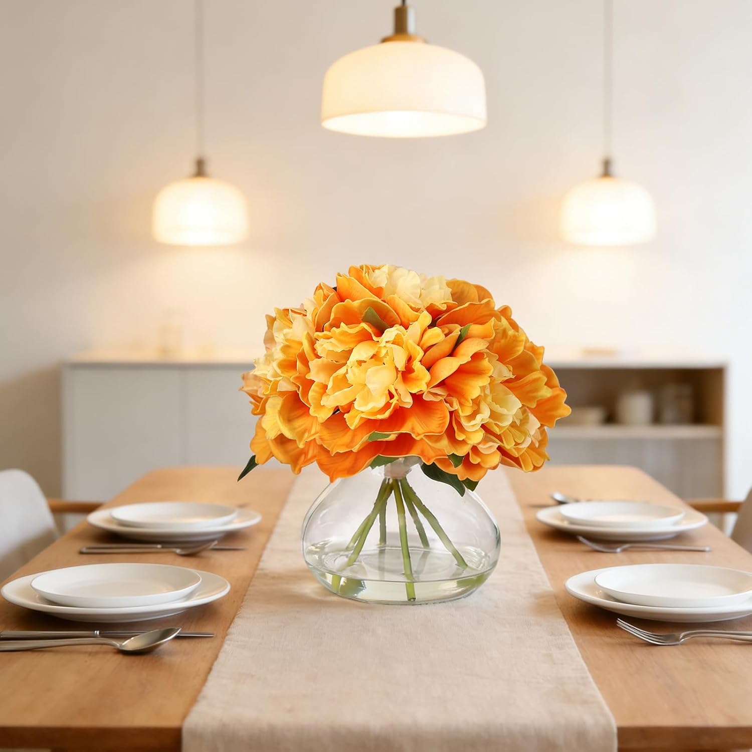 Orange Faux Peonies Flowers with Glass Vase, Silk Artificial Peony Flower Arrangement with Vivid Water, Fake Flowers in Vase for Table Centerpieces, Shelf Bathroom Decor, Home & Wedding Decoration - Image 7