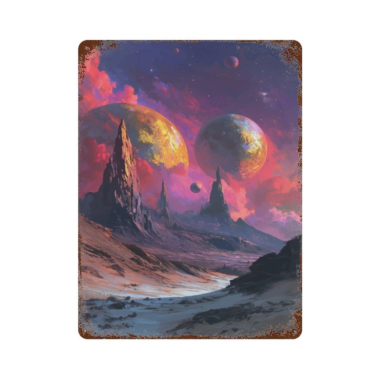 Alien Landscape with Planets Distressed Metal Wall Sign 15.7"x11.8", Rustic Home Decor for Farmhouse, Kitchen And Entryway Decor