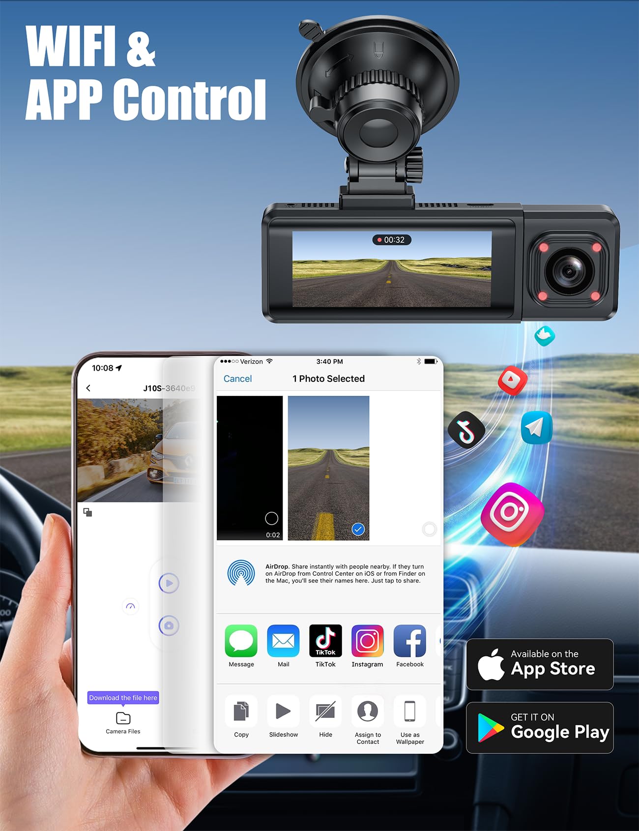 Dashcam 4K 3-Canali, 3,17" Display IPS Dash Cam, Telecamera Auto con WiFi & App, Grandangolo 170°, Sensore G, Visione Notturna, Registrazione in Loop, Monitoraggio Parcheggio,Scheda SD da 64 GB