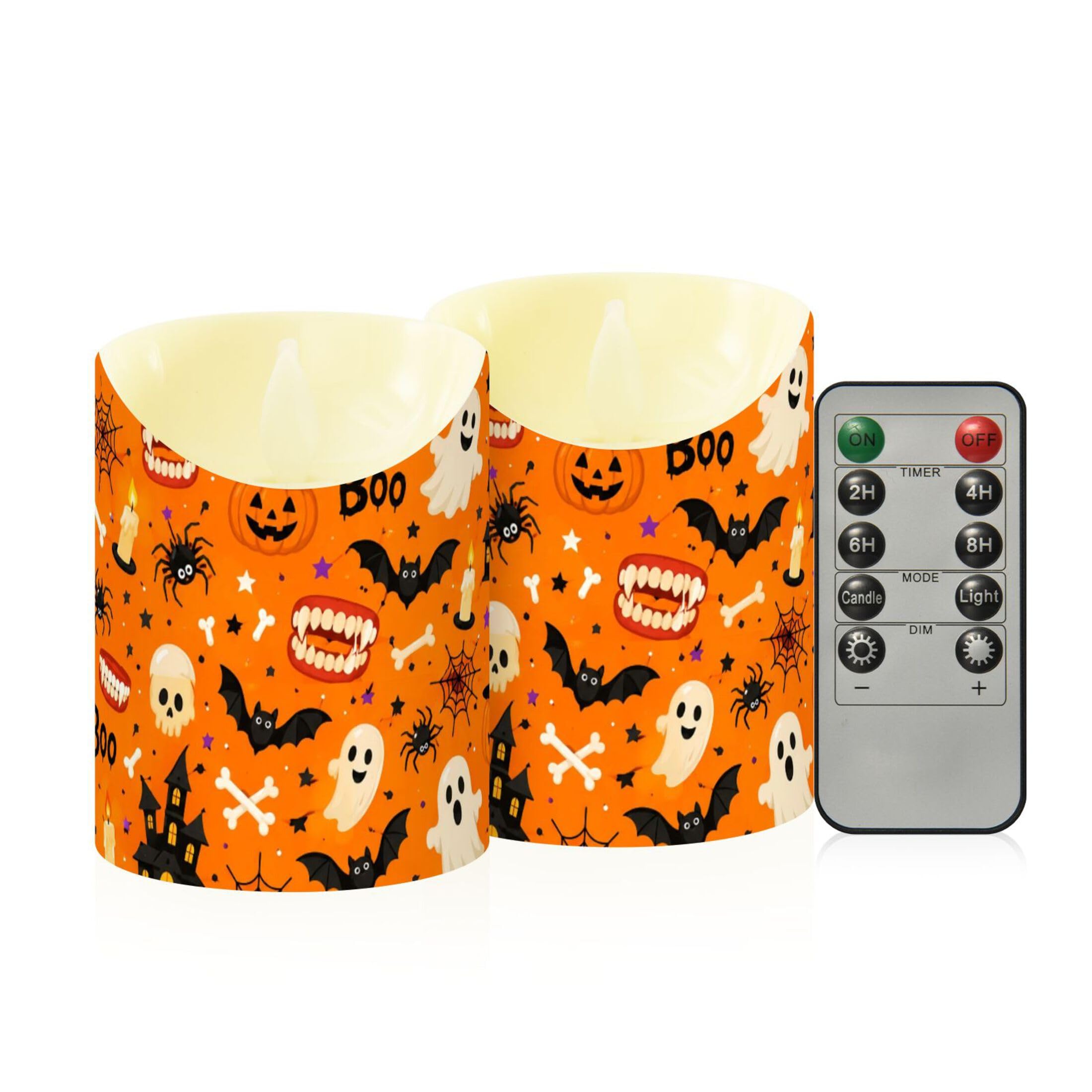 Fuauuyl Halloween LED Flameless Candles Flickering Plastic Pillar Candles Battery Operated Votive Candle with Remote Control and Timer, Home Decoration 2 Pack