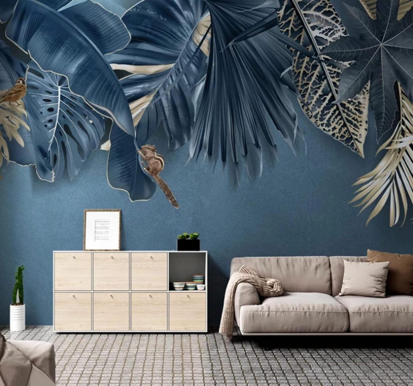 XLMING Three Dimensional Blue Tropical Plants Leaves 3D Wallpaper Luxury Silk Study Dining Feature Sofa Grey Bedroom Living Room Tv Decorative Wall-400cm×280cm