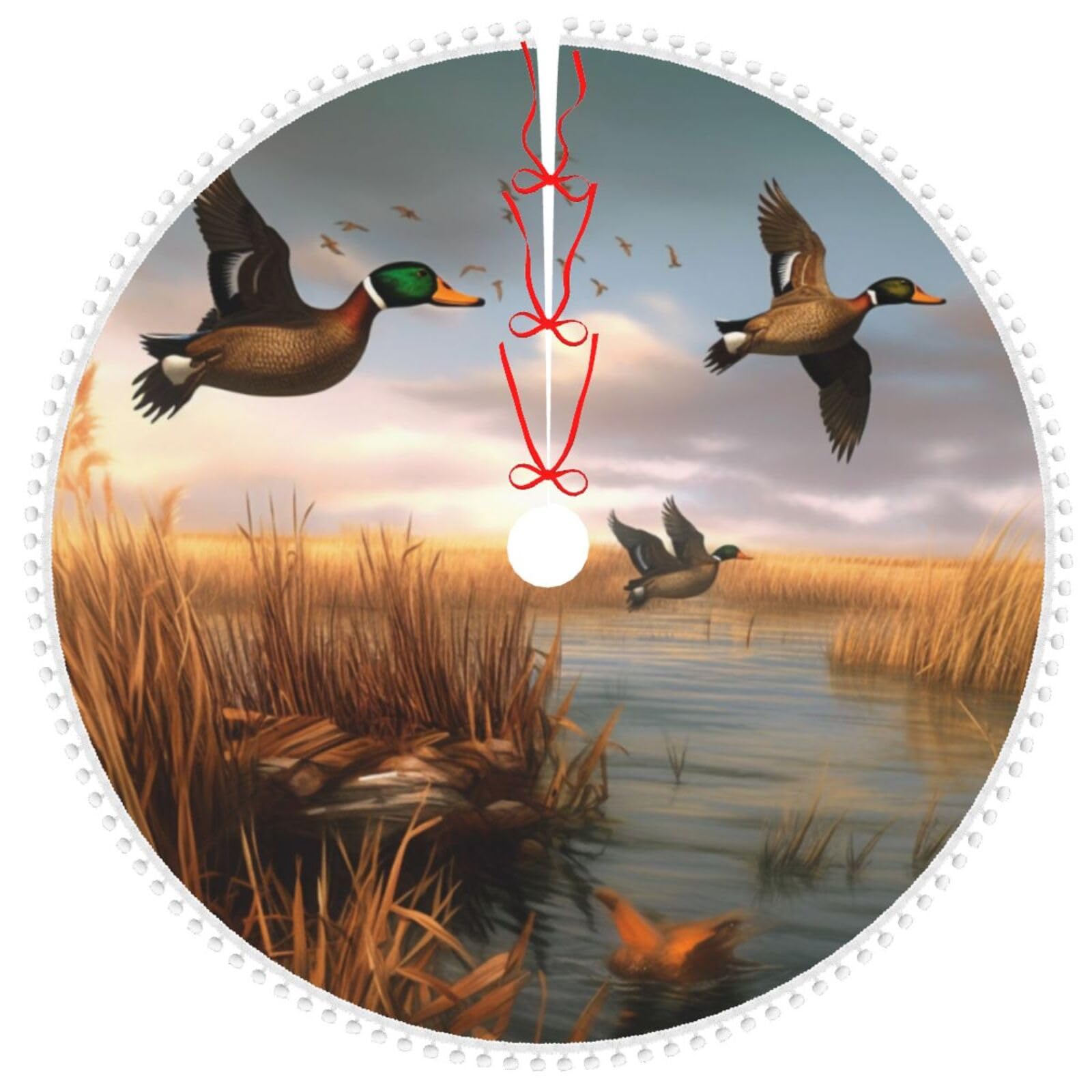 Jagd fliegende Wilde Enten 6 bedruckte Weihnachtsbaumdecke mit Pompon, 122,9 cm Weihnachtsbaumröcke, Dekoration für Zuhause, Garten, Büro, Urlaub, Party