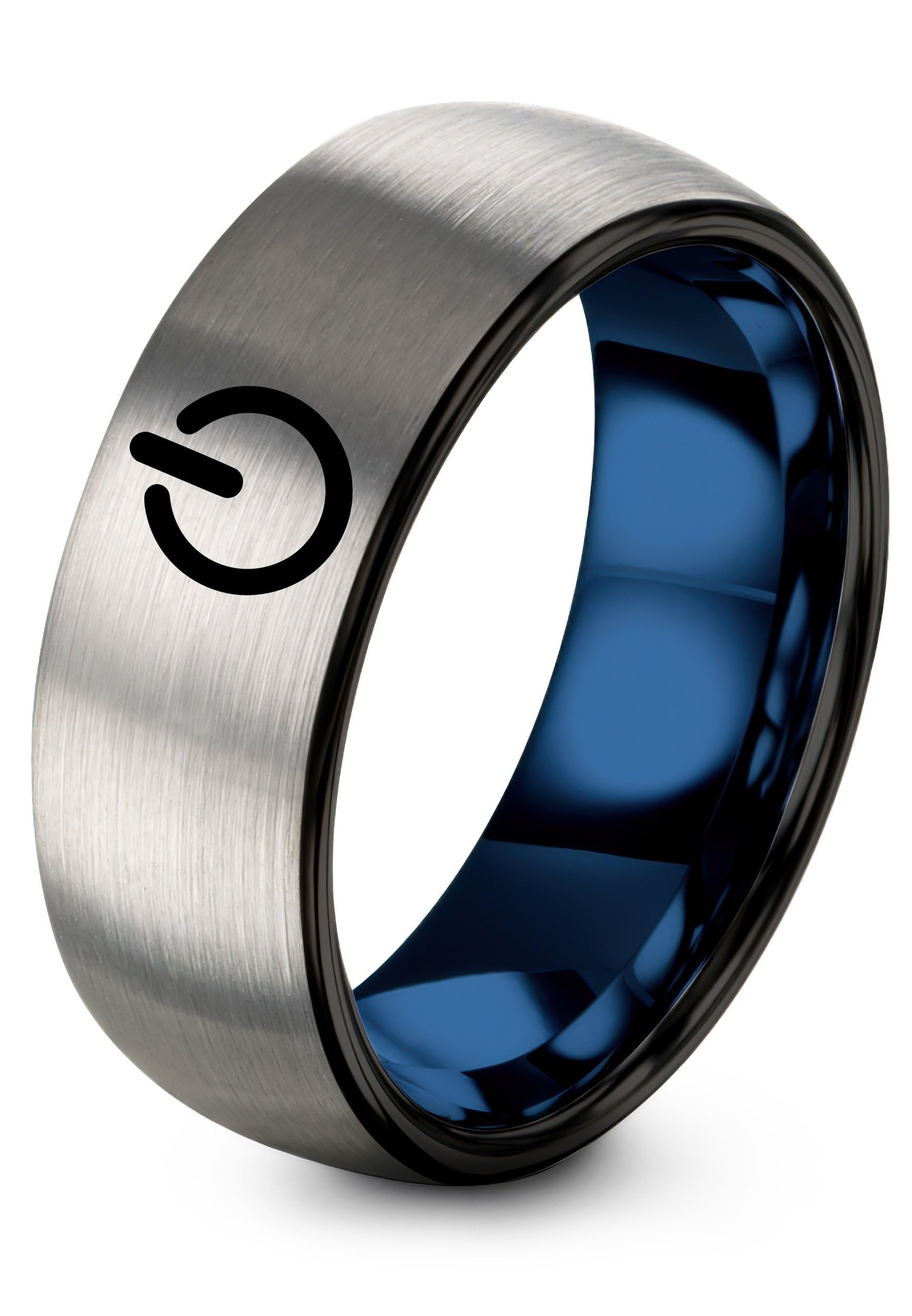 Gift for Gamer - Power Button Ring - 8mm - Band - Tungsten Carbide - Flat Dome Bevel - Personalized Custom Engraving - Men Women - Anniversary Engagement Wedding - Silver Blue Black 02 - Black Blue Grey Tungsten 5.5