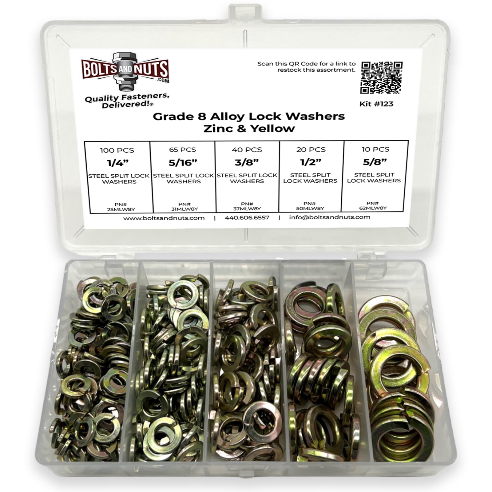 1/4" 5/16" 3/8" 1/2" 5/8" Grade 8 Alloy SAE Split Lock Washer Assortment - 236 Pieces!-image-44