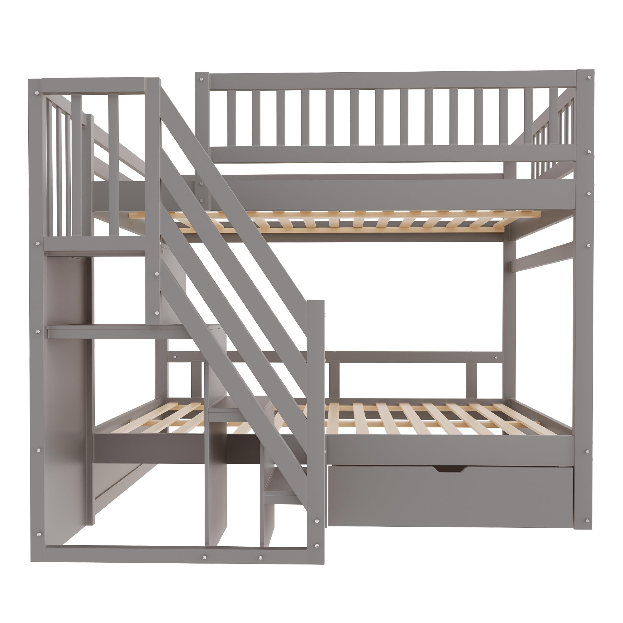 Kinderbett Etagenbett 140x200, Hochbett für 4 Kinder, Stockbett mit Treppe&Aufbewahrungsschrank&Schublade, Holzbett Jugenbett Funktionsbett mit Lattenrost&Rausfallschutz,Kiefernholz,Ohne Matratze,Grau