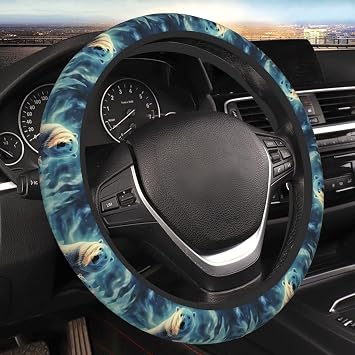 Polar Bears Northern Lights Car Elastic Steering Wheel Cover Universal 15 Inch Vehicle Stretch Steering Wheel Cover Protector for Men Women Car Protective Cover Novelty Cars Interior Accessories