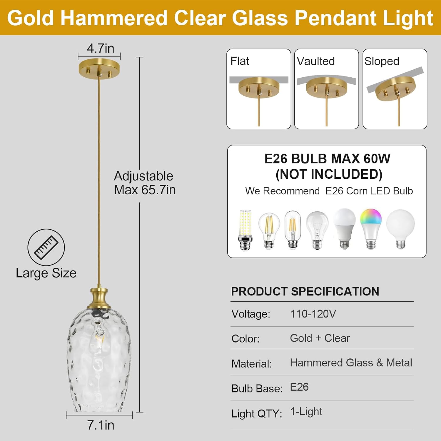 Large Glass Pendant Lights Kitchen Island 7.1in, Gold Pendant Light Fixtures with Hammered Clear Glass for Kitchen Over Sink Dining Room Bedroom, E26