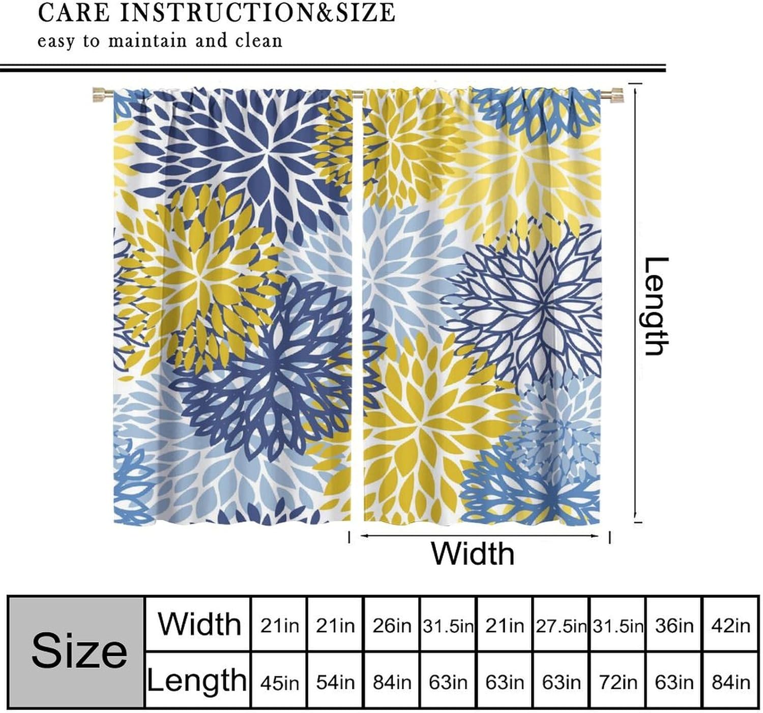 YCness Blue Yellow Floral Curtains, Boho Dahlia Flowers Window Treatments for Living Room Bedroom Kitchen, Mandala Floral Seamless Pattern Drapes 2 Panel Sets,42x54 Inch Blackout
