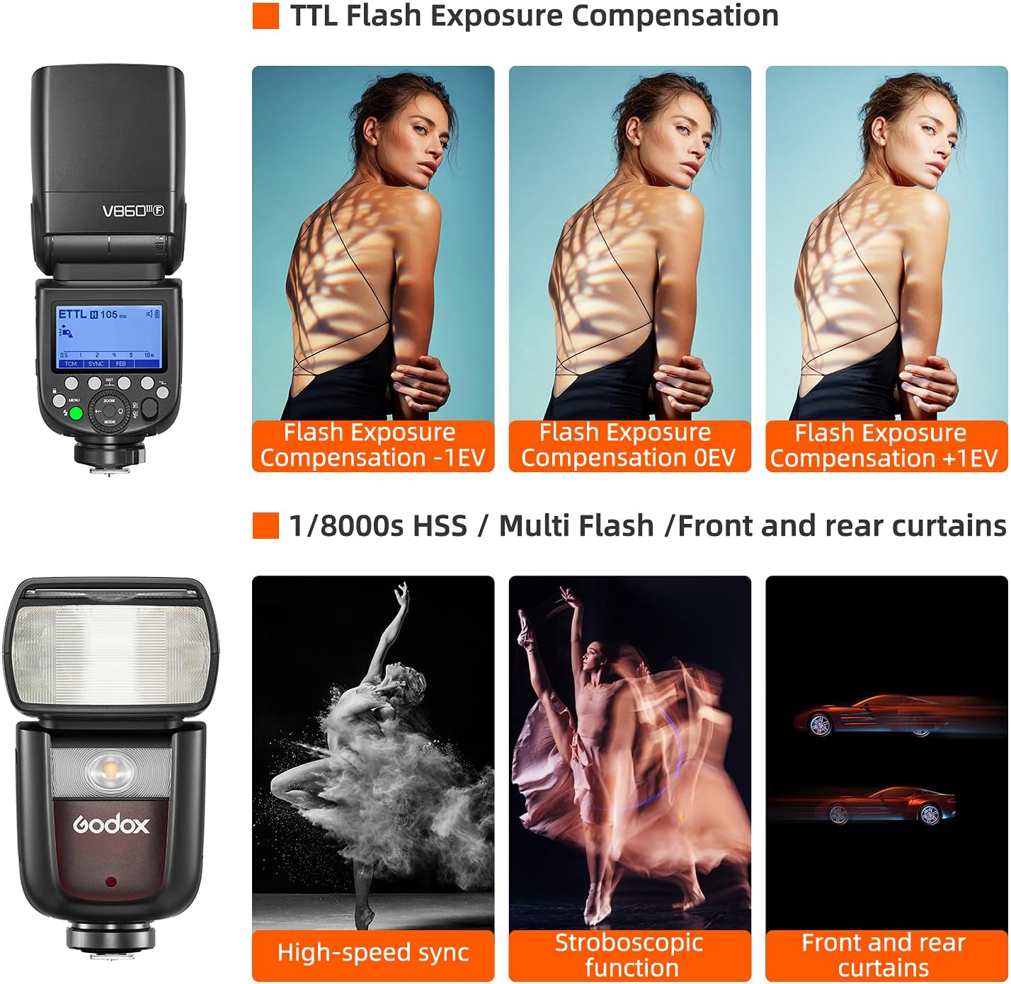 GODOX V860III-F TTL Camera Flash 76Ws Power 1/8000s High-Speed Sync GN60 1.5s Recycle Time, 2W Modeling Lamp 5300K±200K Color Temperature, Quick-Release Lock, Suitable for Fuji Series Cameras