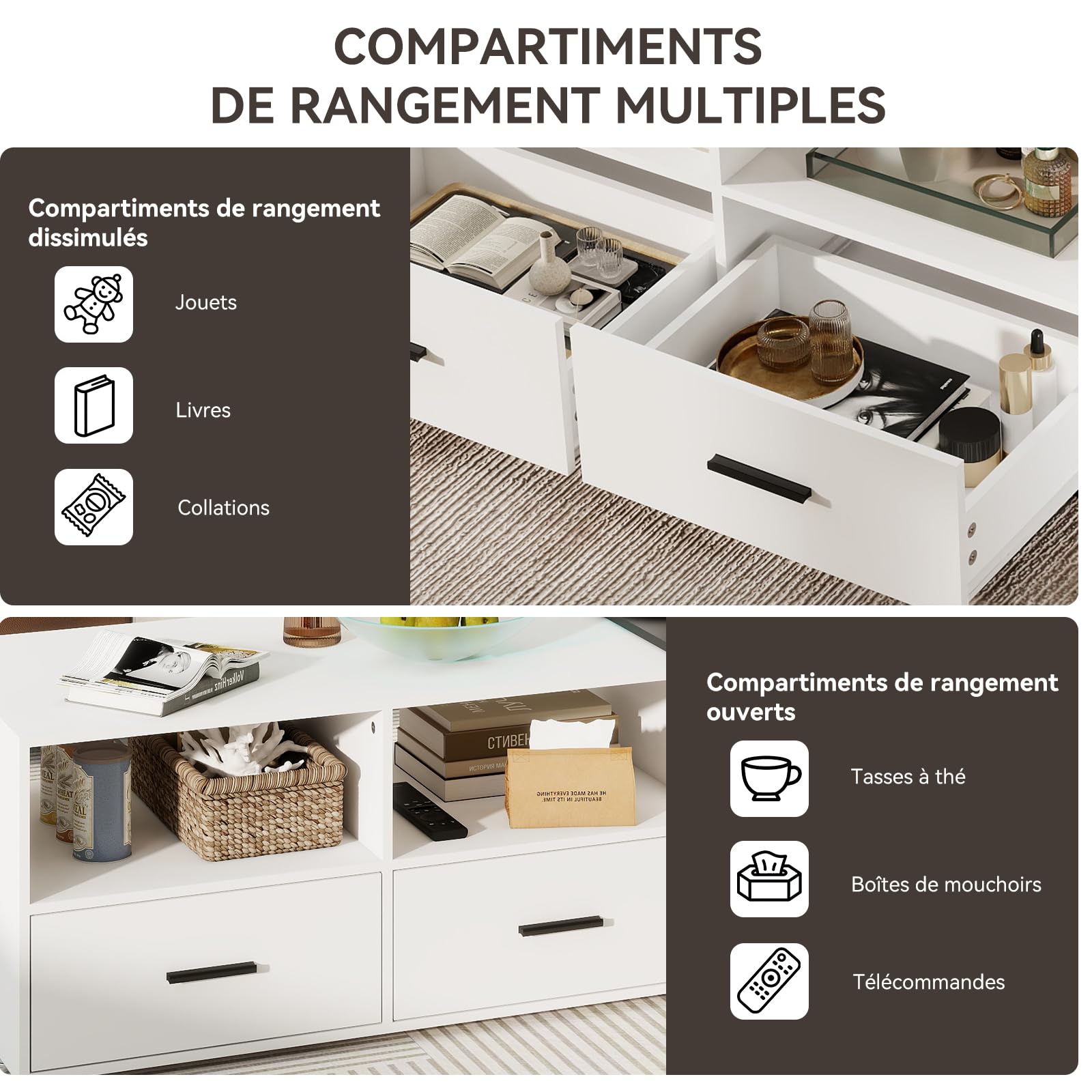 YU YUSING Table Basse Modulable Extensible 91-145cm avec 2 Tiroirs