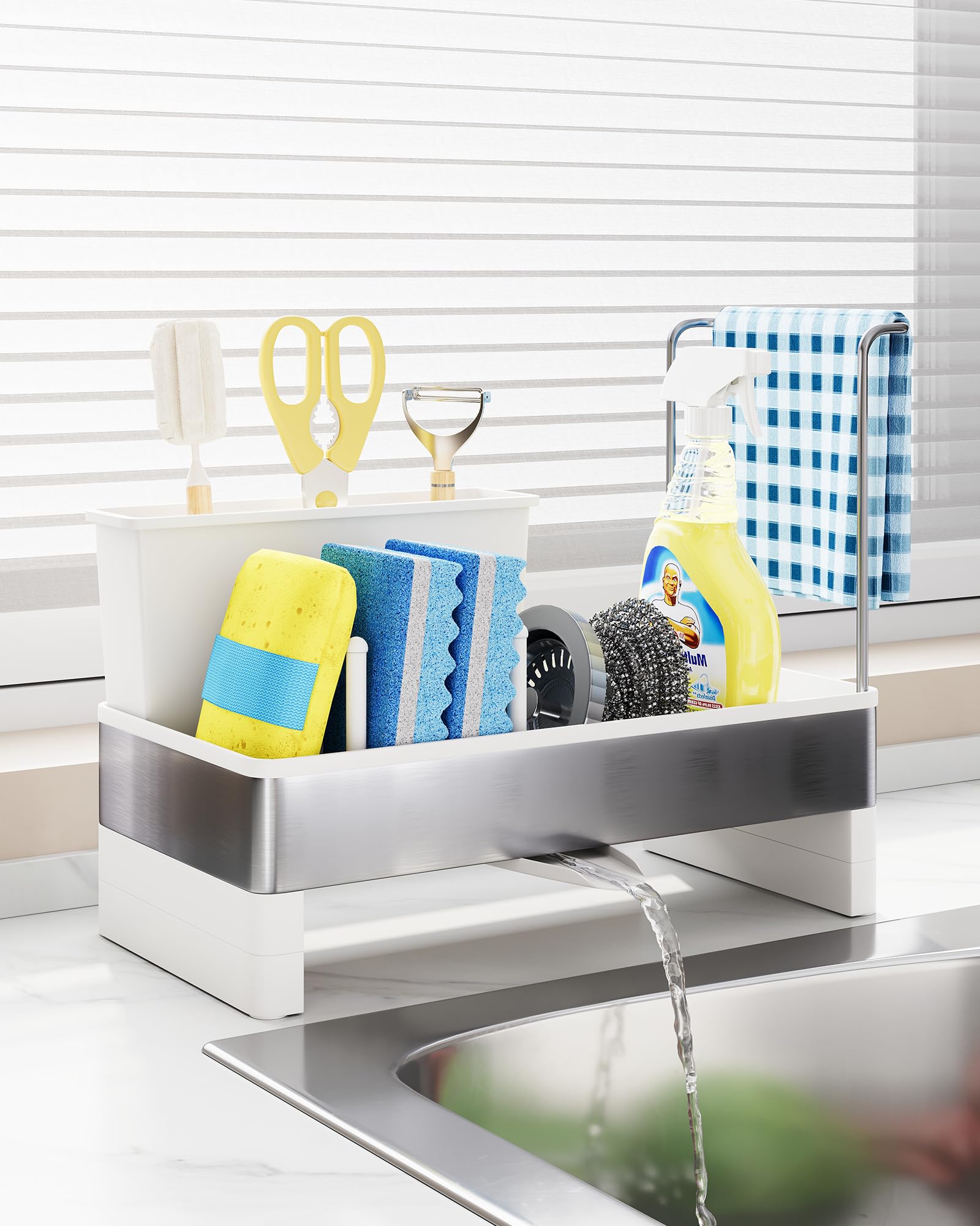 Eleancy Küchen Spülbecken Organizer – Schwammhalter mit automatischer Abflussfunktion – für Schwämme, Bürsten & Handtücher (Küche), Spülutensilien-Aufbewahrung & Küchenorganisation (Weiß)