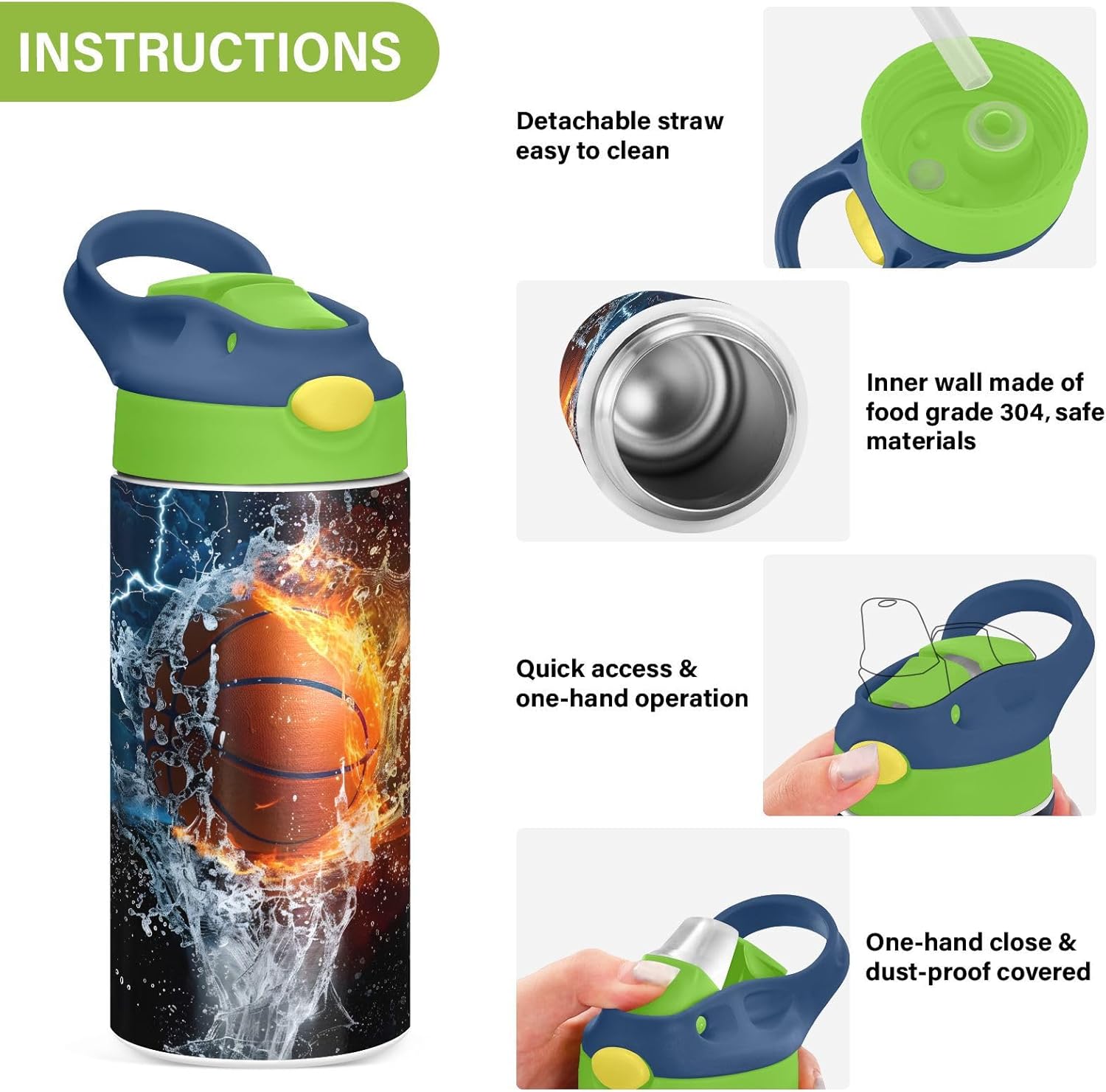 Kids Water Bottle Basketball Water 12 oz, Stainless Steel Sports Mug, Portable Insulated Water Flask with Handle - Image 7